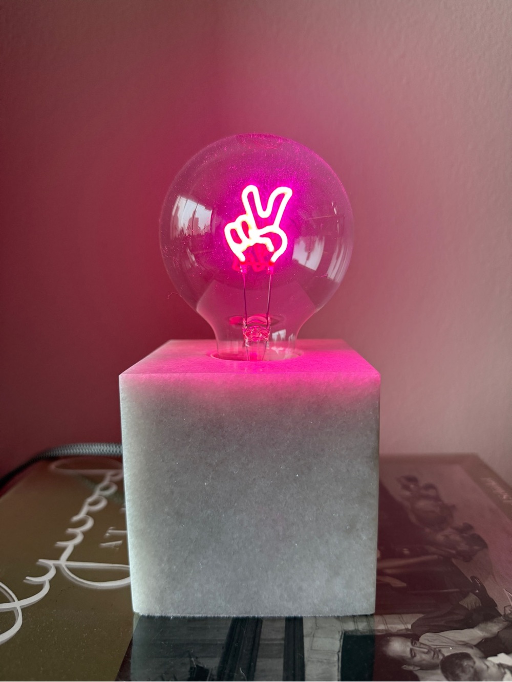 Anthropologie Marble Stand Table Light Lamp with Neon Pink Peace Bulb 7.5” NEW
